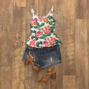 Express tropical pink and orange floral peplum top